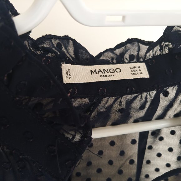 Mango Sheer Swiss Dot Ruffle Tie Blouse, Navy Blue , Size US6 - Picture 4 of 6
